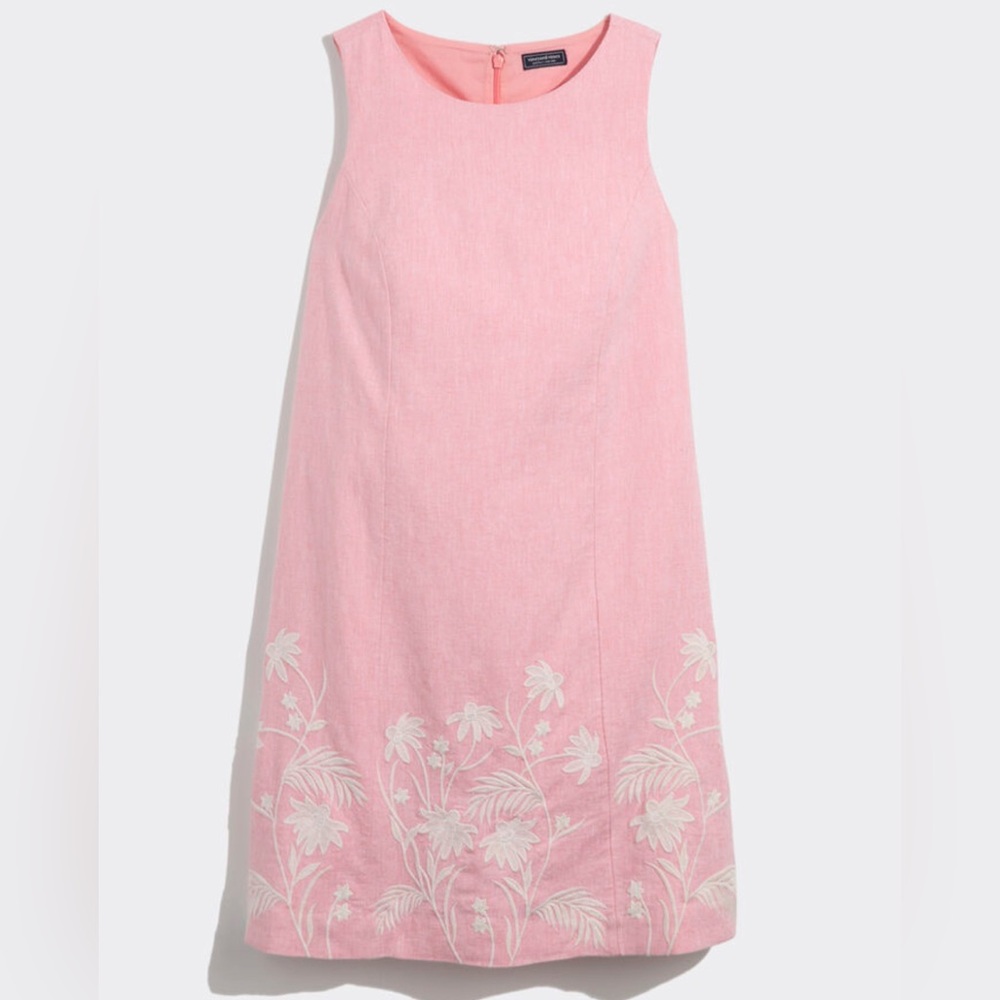 NWT Linen Vineyard Vines Pink Shift Dress with White Embroidery